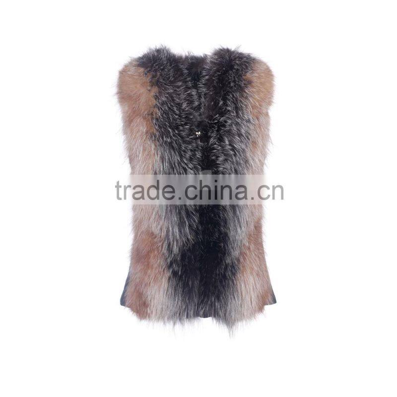 QD30559 Women Winter Mid-long Genuine Ombre Color Raccoon Fur Vest with Sheep Skin
