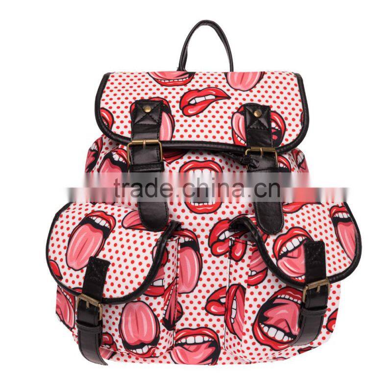 2016 3d printed lips dot tongue Vintage Canvas Rucksacks Cute School Satchel Rucksack Backpack Campus Bag