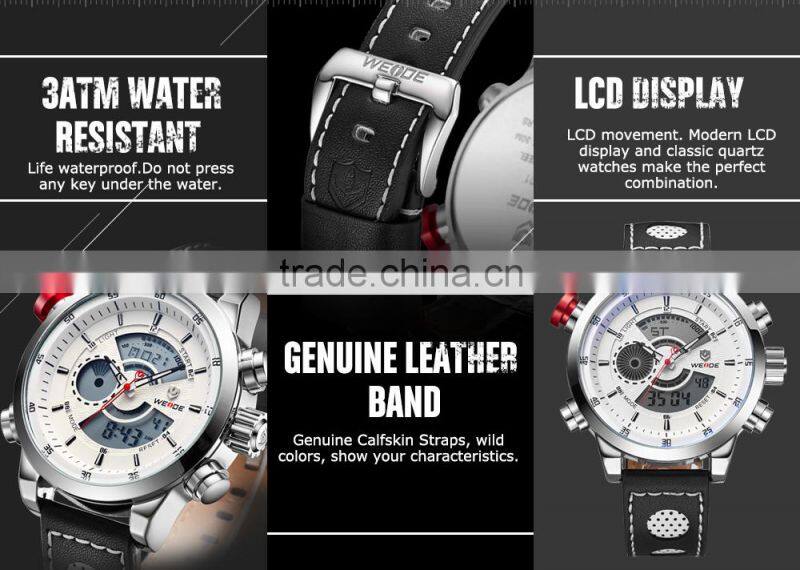 2016 best selling products Weide WH3401 quartz analog digital watches with genuine leather watches men