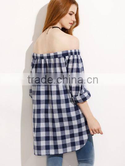Blouses latest fashion design women clothing Gingham Button Pocket Off The Shoulder Blouse