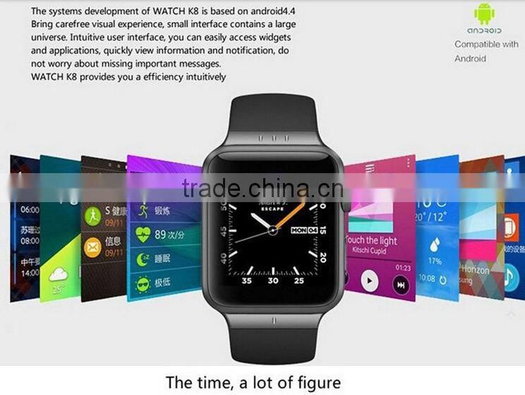 New design k8 smart watch 2015 bluetooth android 4.4 with SMS , FM , gps , gprs , wifi , camera With 1.54 inch Screen mt6572 3G