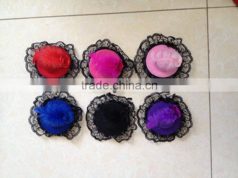 high quality colourful party feather mini top hat with black lace