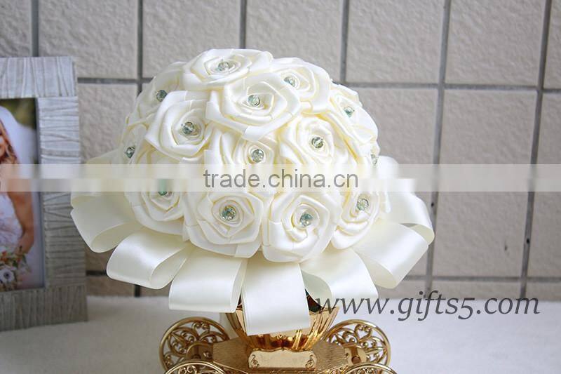White handmade satin rose wedding bouquet with crystal
