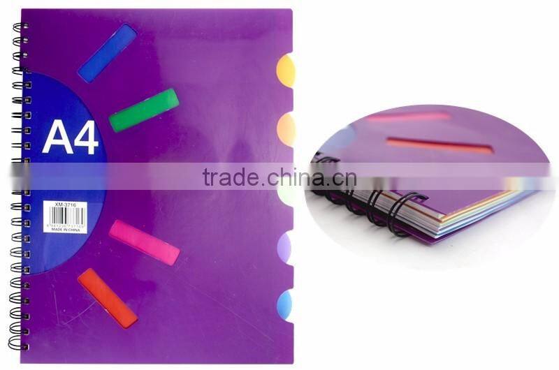 Cheap plastic cover spiral note book with colored PP dividers