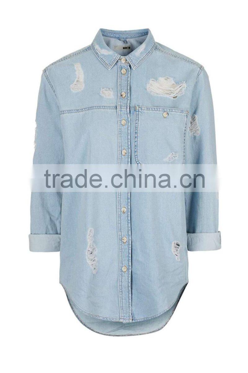 Guangzhou Factory price 2016 Ripped Washed denim shirts wholesale
