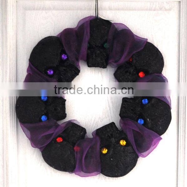lightup halloween wreath with black rose and plastic skeleton