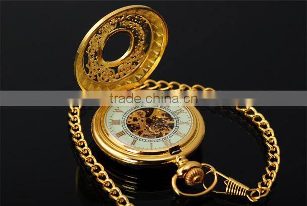 Fashion Skeleton Gold Case Roman Dial Mens Mechanical Pocket Watch