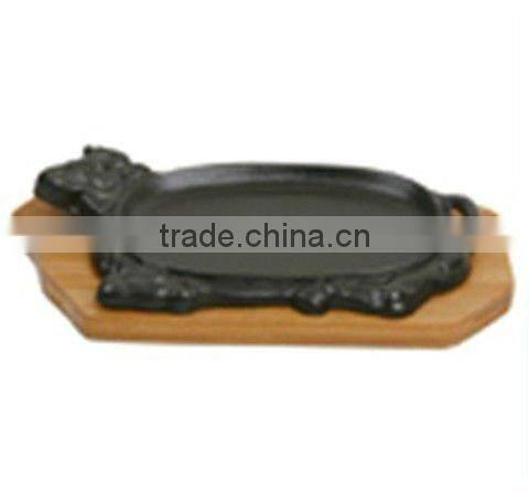 Cast iron steak baking pan with wood tray,grill plate