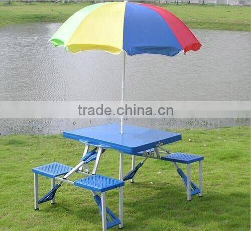 Folding Picnic plasticTable and 4 seats/chairs/bench with Umbrella