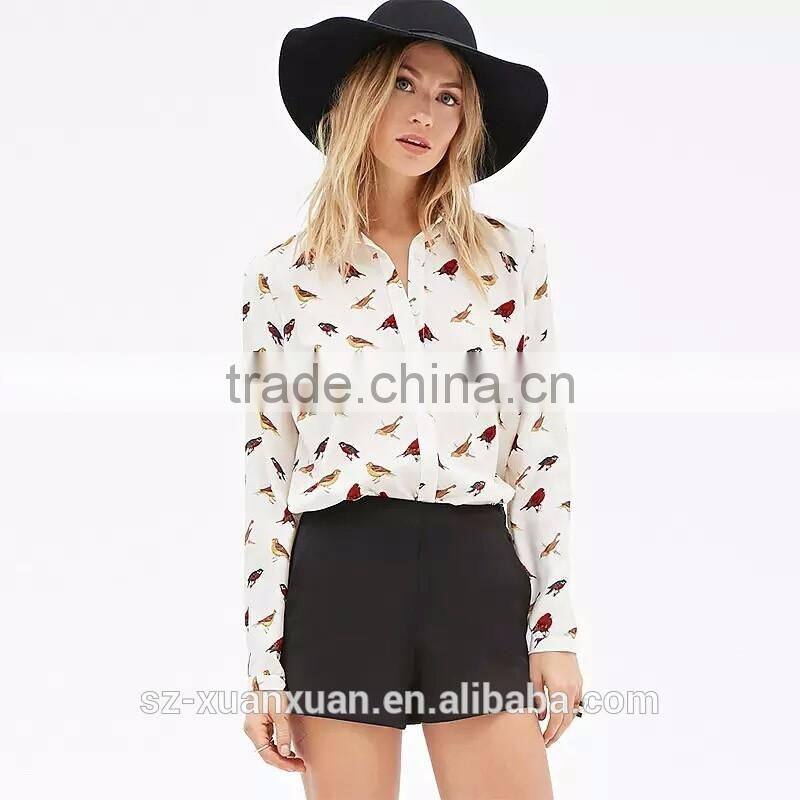 2016 Plain white casual long sleeve with animal printing shirt for girls