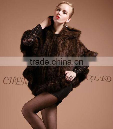 CX-B-M-06 Latest Womens Genuine Real Knitted Mink Fur Shawl Hoodied