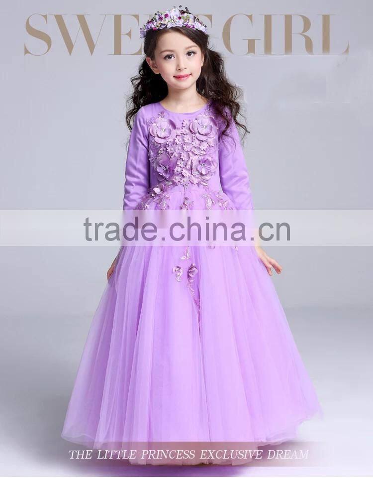 High quality Violet Elegant girls Princess Long sleeveless Wedding dresses Ball Gown dress Appliques Purple Tulle party dresses