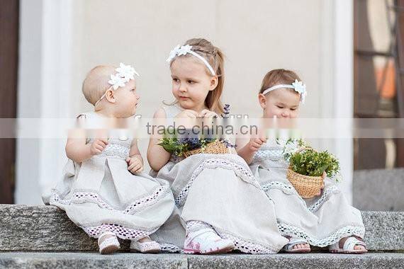 2017 New Style Wholesale Kids Clothing.Linen Flower Girl Dress Lace Children Long Frocks Designs