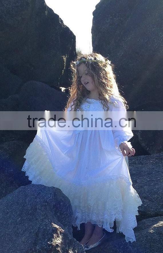 Girls Classic Long Sleeved Vintage Lace Embellished Nightgown Baby Kids Christmas Sleepwear 100% Cotton Lace Crochet Dress