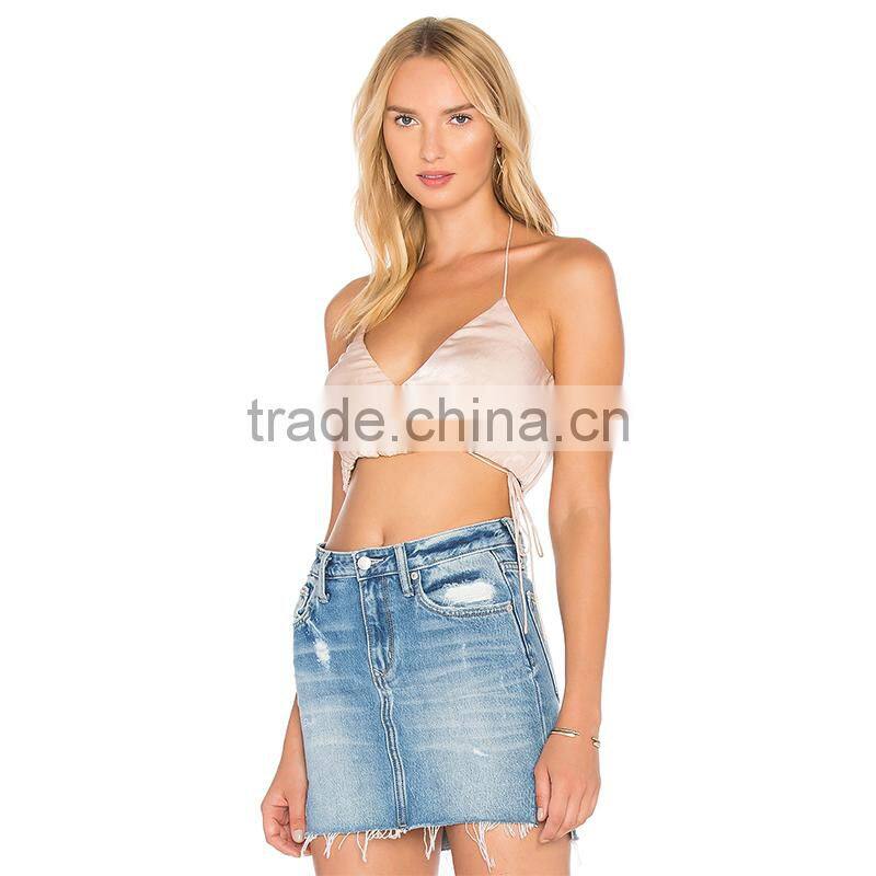 Drawstring wrap over satin camisole for women latest halter neck crop top
