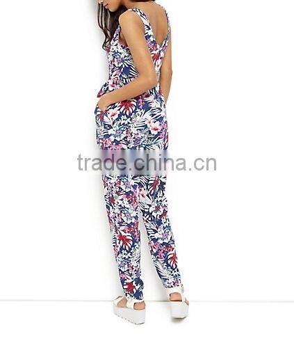 Fashion Summer Viscose Blue Tropical Print Tie Front Jumpsuit for women 2015 China Manufacturer