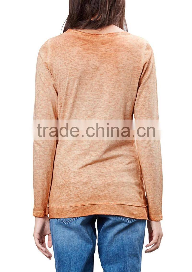 Women's long sleeve 100% cotton acid wash vintage t shirt