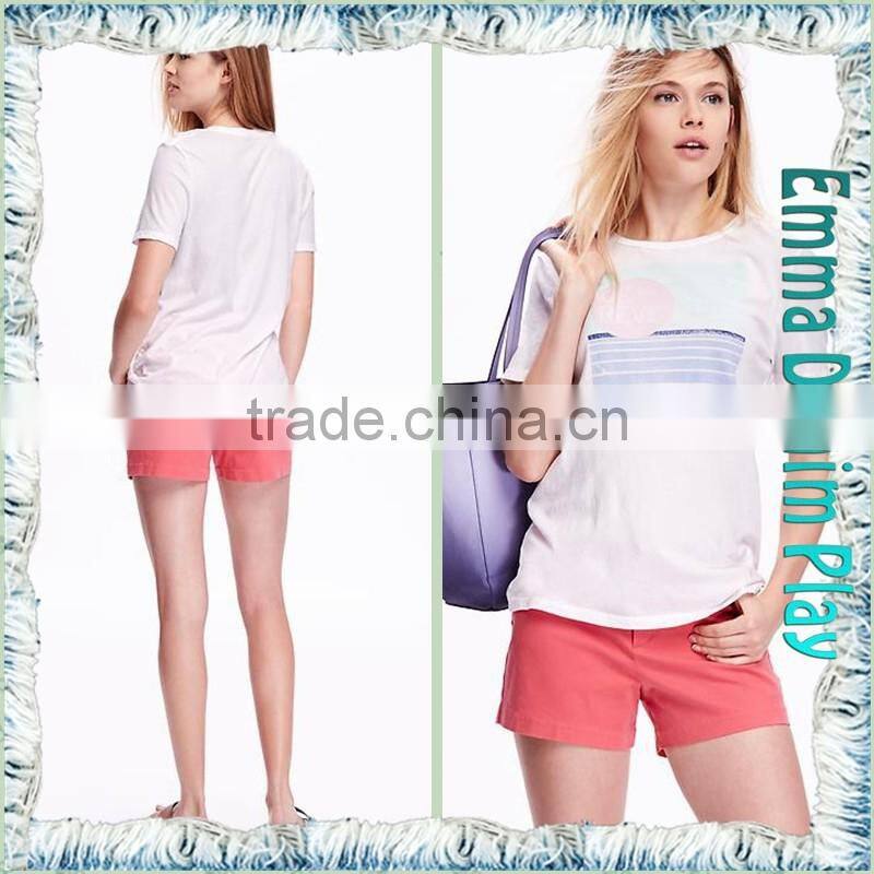 2016 Manufacturers China Ladies Sexy White Silk Printed Scoop Neck Cotton Tee Shirts