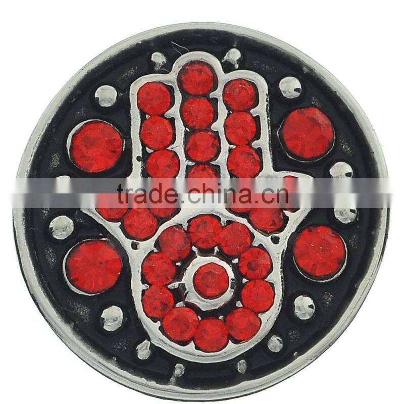 Round Antique Silver Red Rhinestone Hamsa Symbol Hands Carved Snap Button