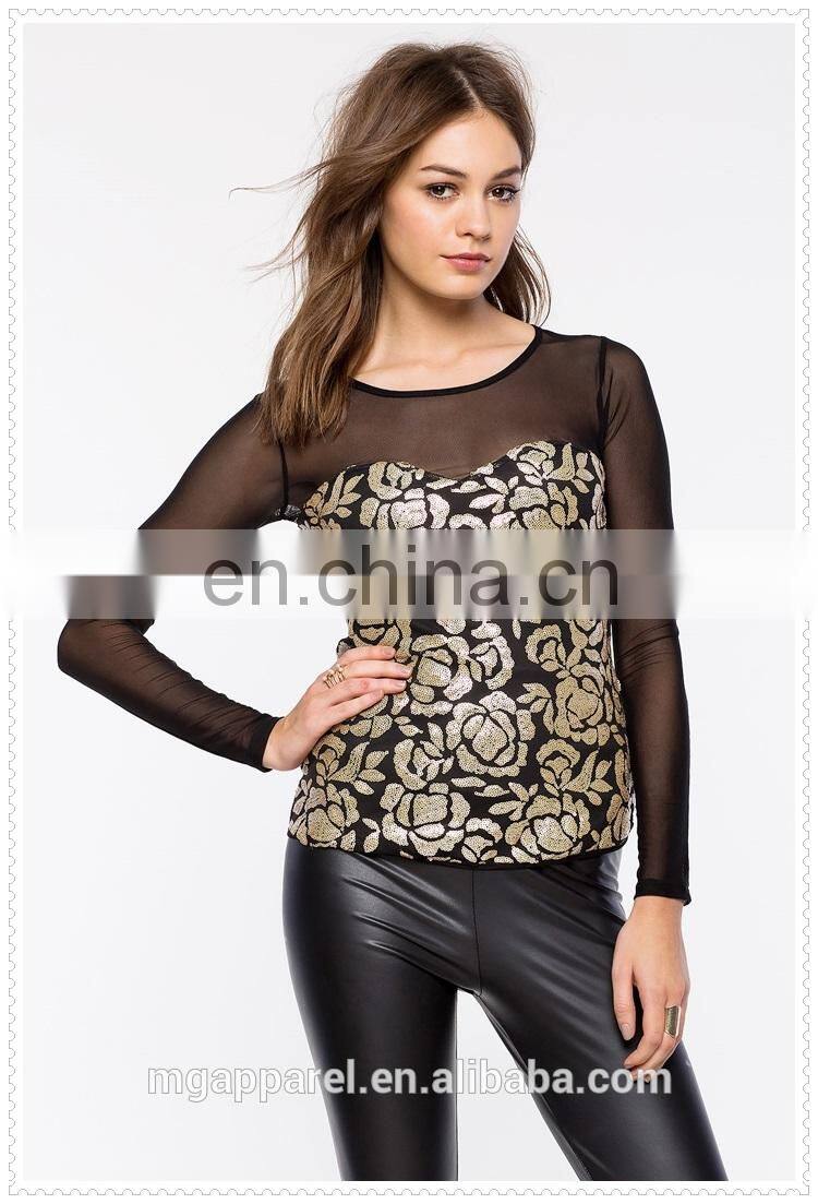 OEM cheap fancy gold-toned sequins long sleeves women floral top blouse