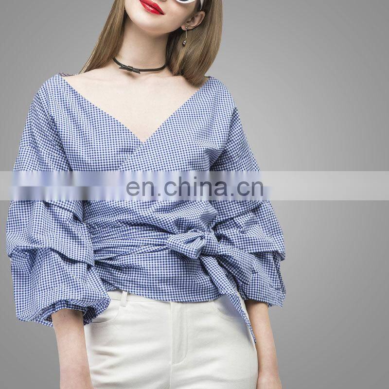 2017 Fashion Design Puff Sleeve Wrapped Top Deeper V Neck Ruched Sleeve Wrap Blouses In Blue