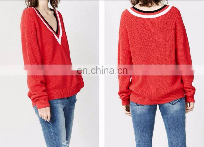 Color block details Women casual V neck Oversize sweaters