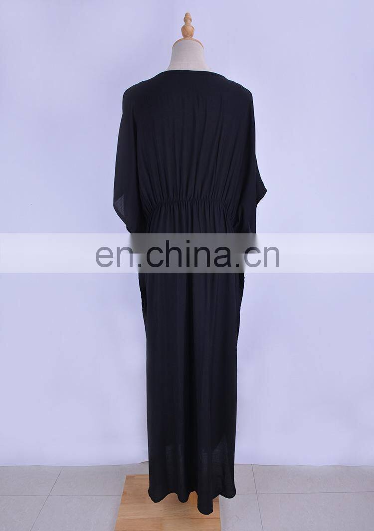 2019 Black Indie Folk Embroidered V-Neck Bats Sleeve Side Split Loose Summer Beach Dress Plus Size Women Beachwear Caftan