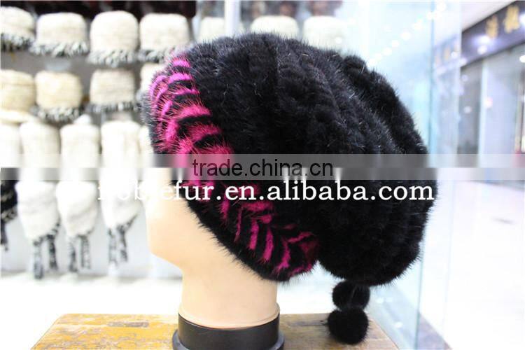 new design mink fur knitted winter baggy headwear with linedsoft and warm beanie