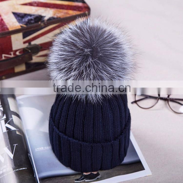 New Arrival Winter Fashion Girl Wool Knit Silver Fox Fur Hats