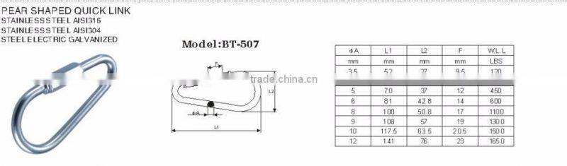 High quality Stainless steel Aisi 316 /304 Pear Shaped Quick Link Made in China Carabiner Rigging Manufacturer