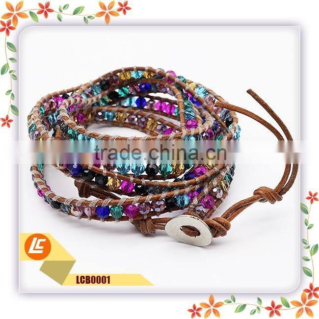 Latest Fashion Long Top Design Womens Leather Wraps Colorful Beads Bracelet