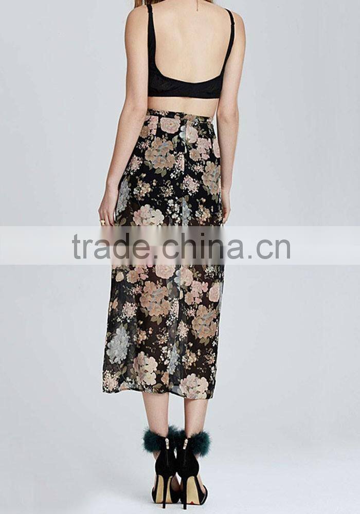China women clothing manufacturer floral print ladies high waist pleated maxi skirt
