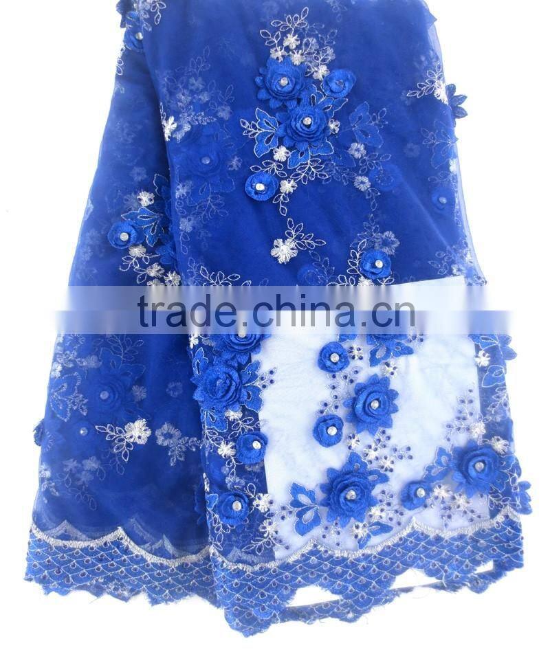 High quality royal blue french lace with hand work stones flower net lace embroidery with applique