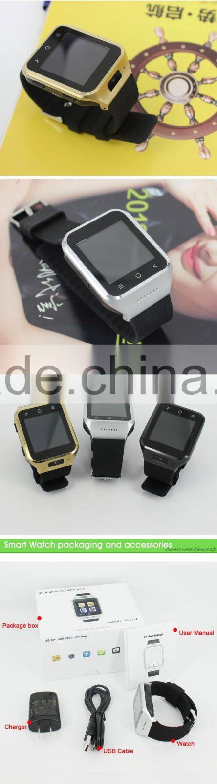 Android 4.4 OS Smart Watch S8 3G MTK6572 Dual Core 4G ROM Phone Watch 2.0MP Camera SIM Card WCDMA GSM Smartwatch App GPS WIFI