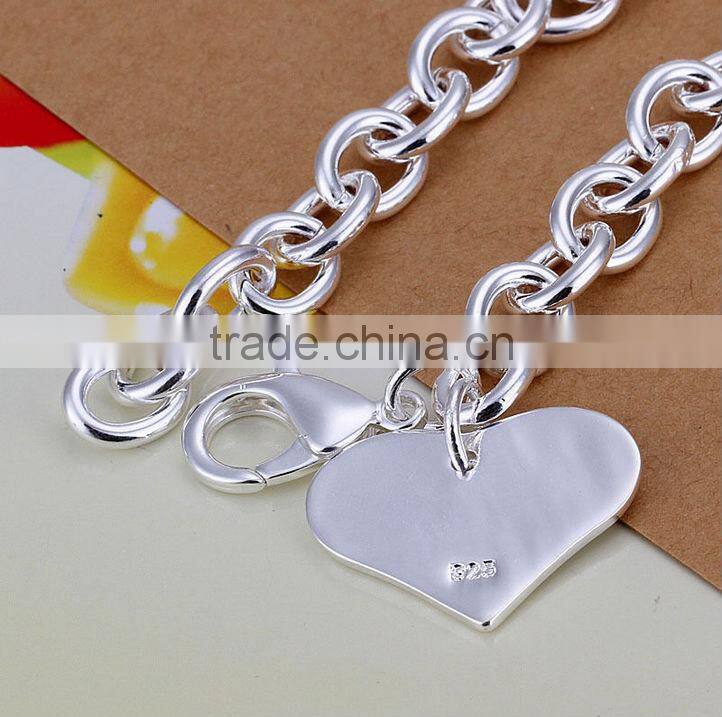 Wholesale New WOMEN GIRLS 925 STERLING SILVER Filled Solid Heart Bracelet Heart Pendant