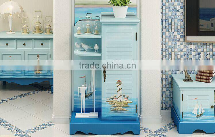 Mediterranean Style Storage Cabinet, Sailing Boat Handpainting Living Room Cabinet, Pastoral Solid Wood Cabinet (BF01-X1149)