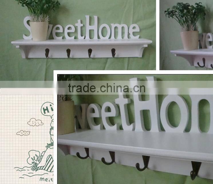Simple letters wooden wall shelf with 4 hook