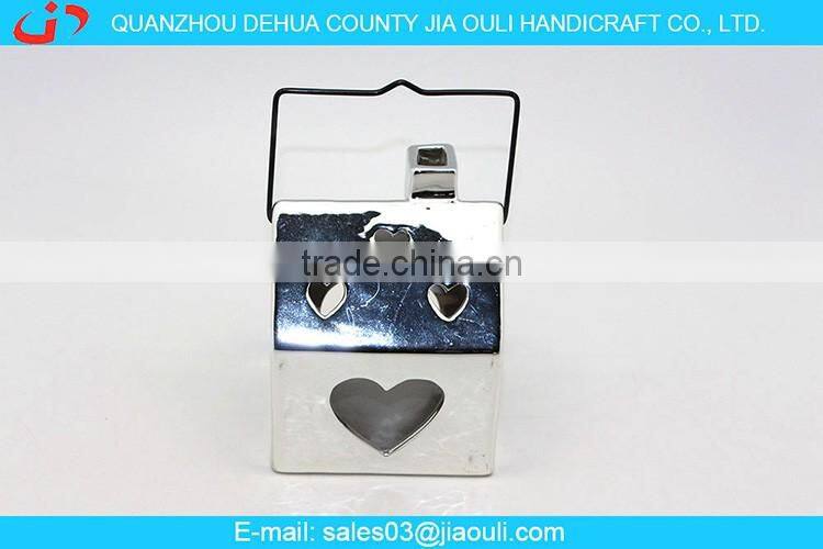 BSCI Audit Factory plating silver ceramic house hollowed-out hanging light, candle lantern