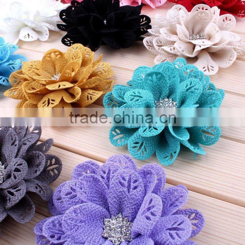 hot cutting fabric flower with rhinestone center for kids hair accessories