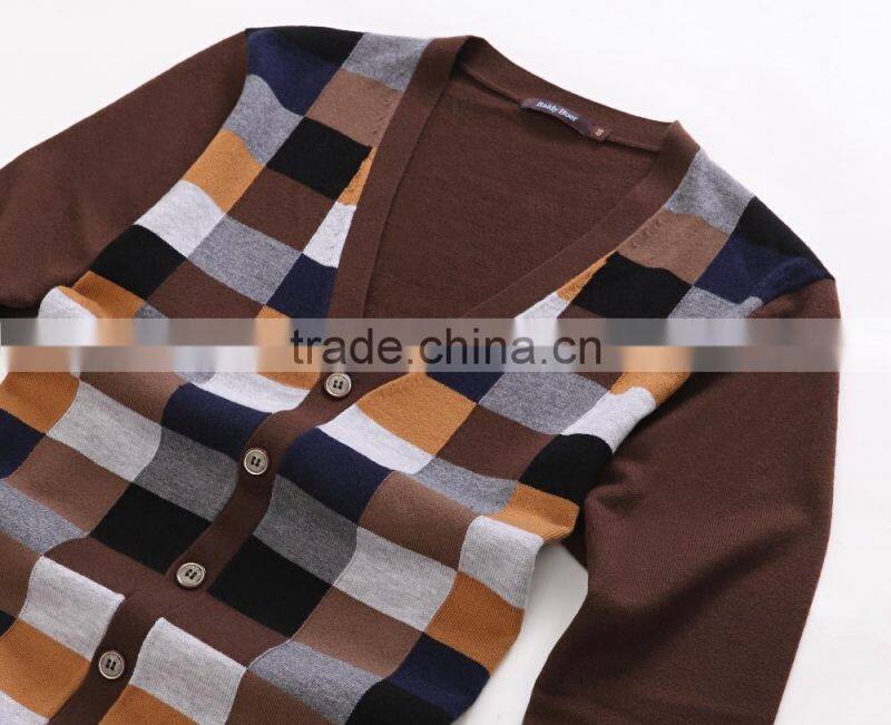 100% fine wool men's brown pattern knitwear cardigan