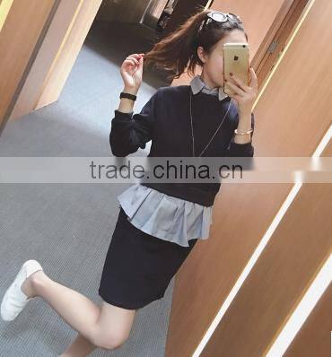 2016 New Style Autumn Shirt Korean Turn Down Collar Long Sleeve Dress Patchwork