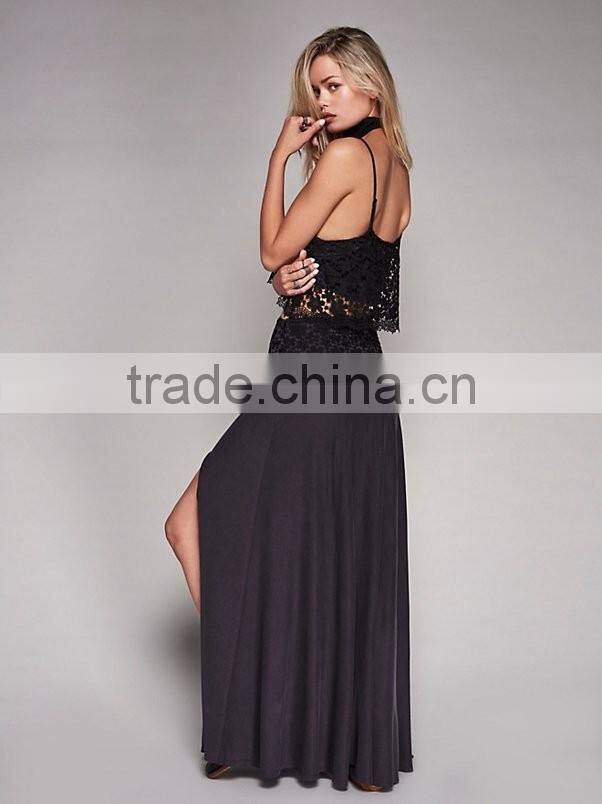 Two piece outfits women sexy lace top and side slit long skirt 2017