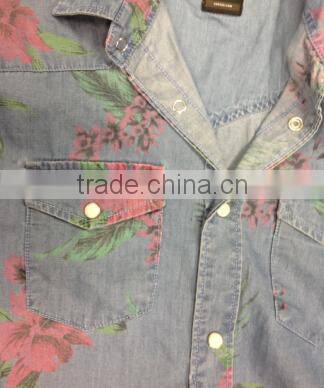 MENS DENIM PRINTED SHORT SLEEVE SHIRT WITH ENZYME WASHED Nd02