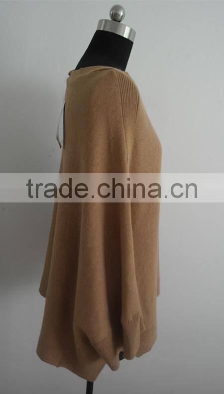 Fashion Ladies camel plain knitted poncho sweater