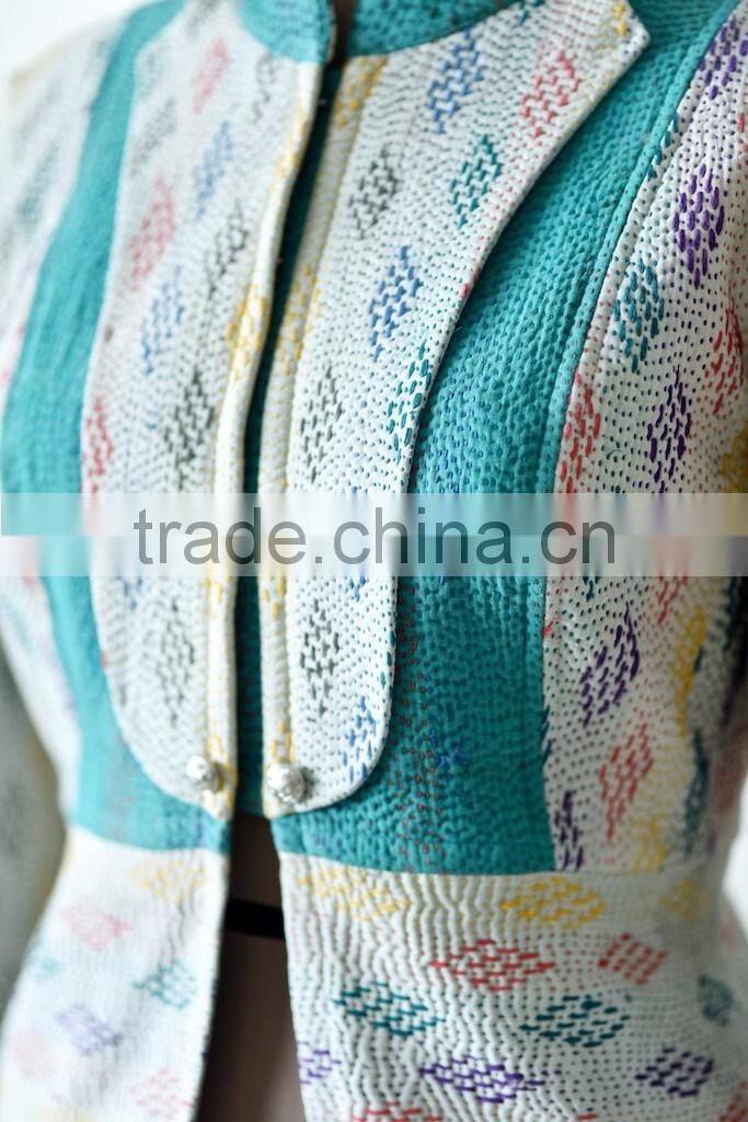 Vintage Kantha Jacket in Cream & Green Color ~ Extra Large