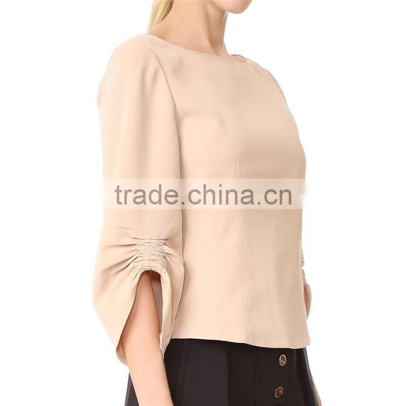 2017 OEM Smocked Elastic Gathered Cuff Wide Neckline Stylish Blouse