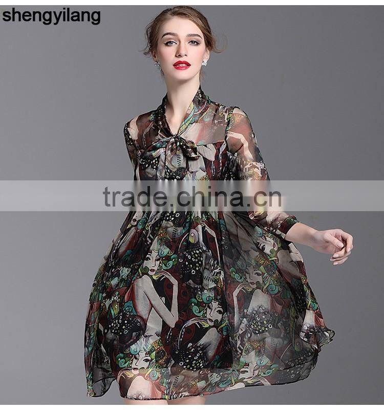 womens latest high quality printed chiffon traditional slim fitted dresses with bow