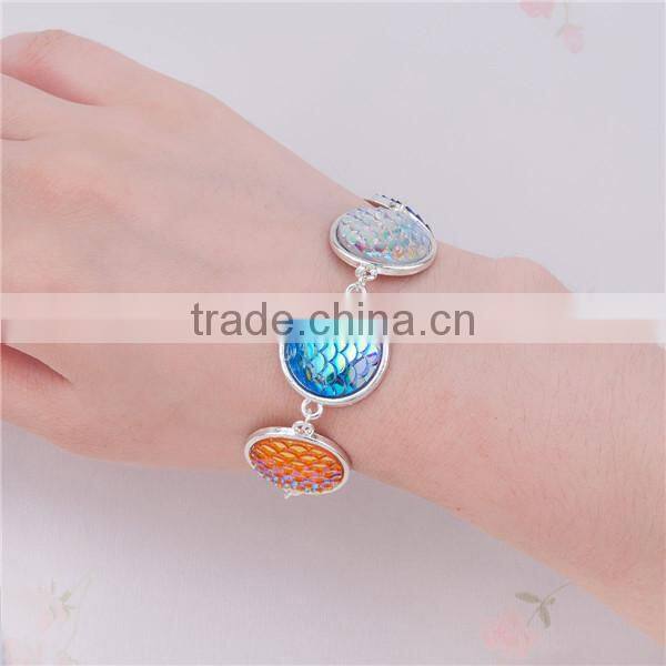 Resin Fish /Dragon Scale Bracelets Link Cable Chain Silver Plated Multicolor Round Fish Scale 17.5cm long