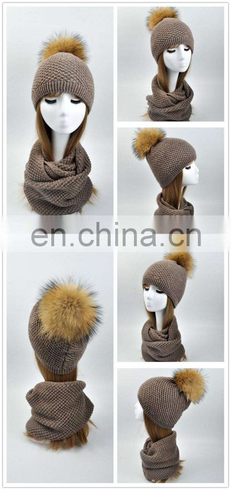 Wholesale Knitted Scarf Women Raccoon Fur Ball Winter Hat All in One Hat and Scarf