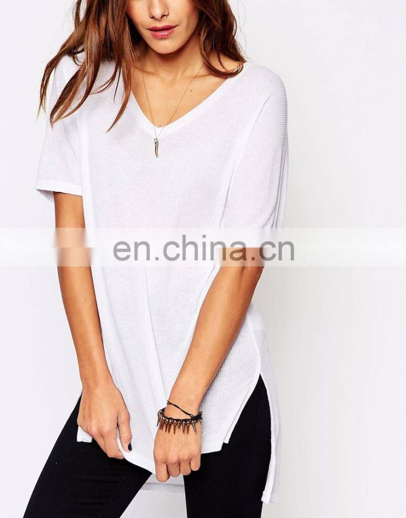 Woman v neck Casual style bulk blank t-shirt in white color